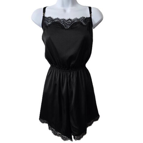 Abercrombie Fitch Satin Lingerie Romper M Jumper Pajama Lace Open Back Black - Picture 1 of 8